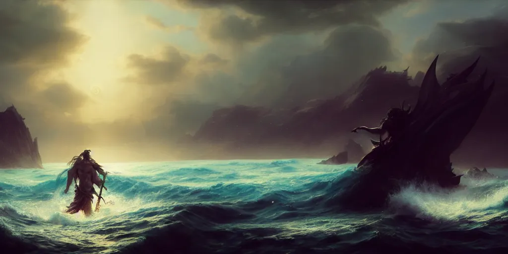 Prompt: poseidon dies and the apocalypse begins in ocean, extremely detailed digital painting, in the style of fenghua zhong and ruan jia and jeremy lipking and peter mohrbacher, mystical colors, rim light, beautiful lighting, 8 k, stunning scene, raytracing, octane, trending on artstation