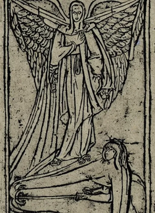 Image similar to medieval occult etching, very detailed, of the angel of mercury