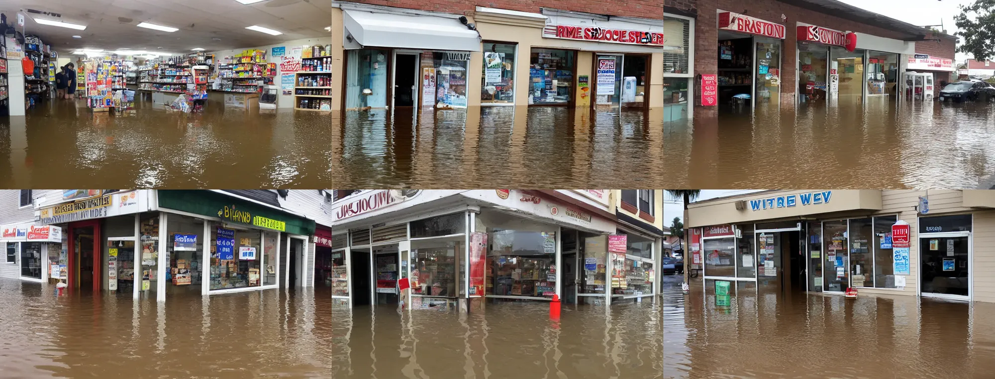 Prompt: brown water flooding a corner shop in Jacksonville