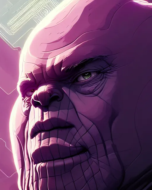 Prompt: highly detailed closeup portrait of a highly tech - enhanced thanos who has many biological implants, by atey ghailan, by greg rutkowski, by greg tocchini, by james gilleard, by joe fenton, by kaethe butcher, red, black, crimson and grey color scheme