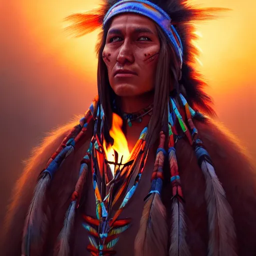 Prompt: native american indian by campfire, cosmic sky, extremely detailed, artstation, 8 k, sensual lighting, incredible art, wlop, artgerm