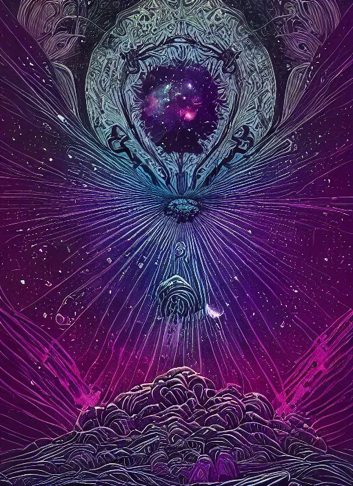 Image similar to detailed, intricate blue black and purple papaverum flower on the field, nebula, galaxy in the sky, winning award masterpiece, fantastically beautiful, illustration, aestheticly inspired dan mumford, upscale with anguissola sofonisba work, artstation, 8 k