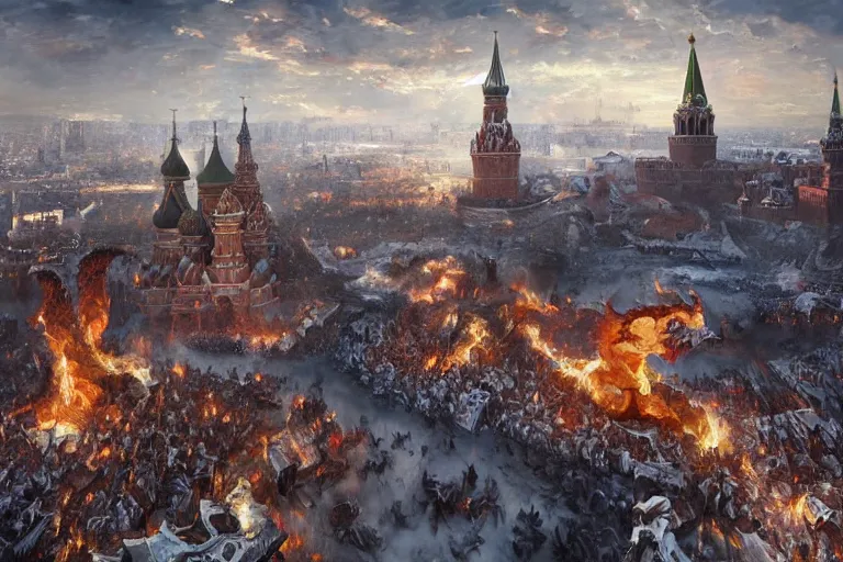 Prompt: Masterpiece Painting of the Giant Epic Dragon Nest from Game of Thrones in the center of Red square, Russia, Moscow, by Greg Rutkowski, artstation,