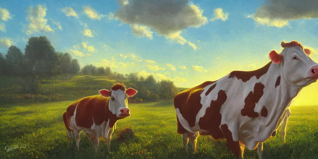 Image similar to cow, volumetric lighting, spring early, nice slight overcast weather, realistic illustration, perfectly shaded, ( golden hour ), soft painting, low angle, art by sven nordqvist