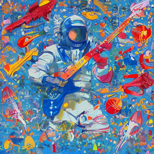 Image similar to wide angle full body of astronaut playing electro guitar, anime, manga, kim jung gi, irakli nadar, bright colors, stars shining, intricate linework, unreal engine 5 highly rendered, global illumination, radiant light, detailed, rendered, gorgeous, trending on artstation