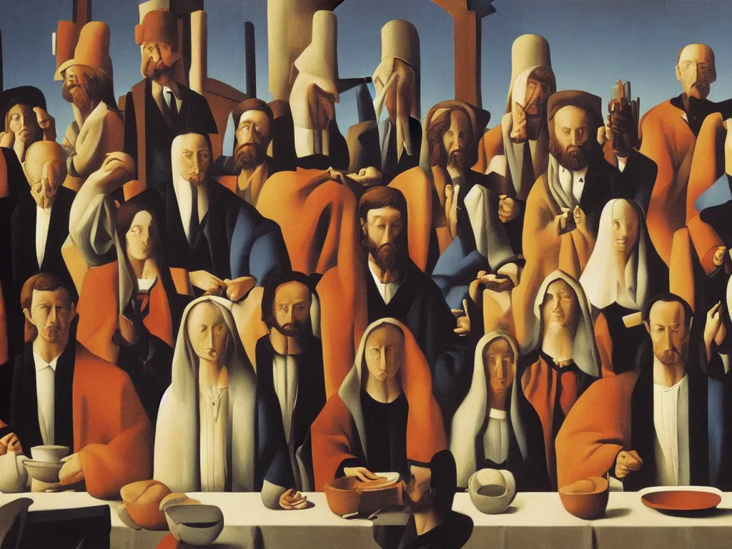 Image similar to crowded last supper painting magritte, renaissance, american gothic