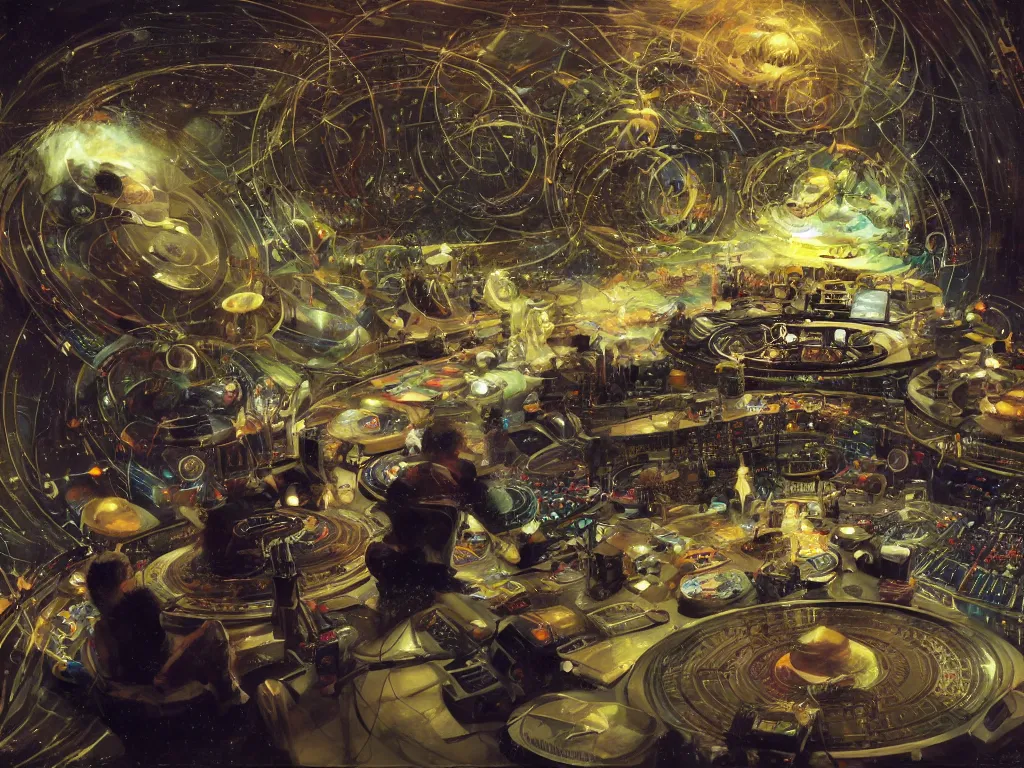 Image similar to an incredible masterpiece of a mystical dj playing a vast array of highly evolved and complex musical technology surrounded by an incredible and complex circular structure in the cosmos, by craig mullins