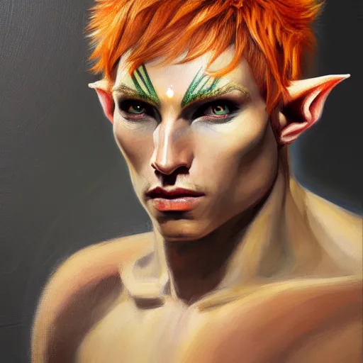 Image similar to portrait painting of a very young elven man with short light orange hair and tribal tattoos on his face wearing fur armor, sharp focus, award - winning, trending on artstation, masterpiece, highly detailed, intricate. art by james ryman