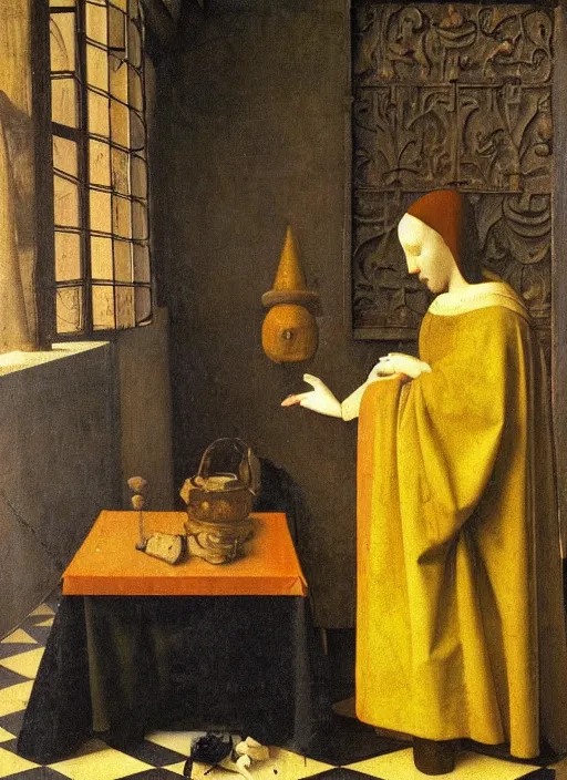 Image similar to bookchelf with curiosities, medieval painting by jan van eyck, johannes vermeer, florence