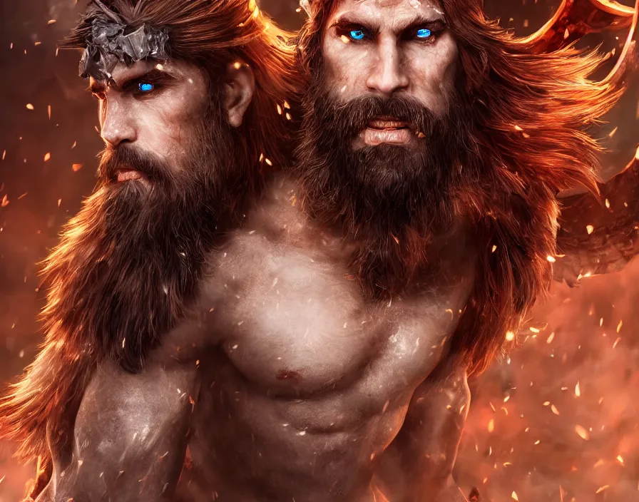 Image similar to one male barbarian face with ice crystal shards, beautiful red eyes, brown hair, brown beard, beautiful graphics, fantasy artwork, very beautiful scenery, hd, hdr, ue 5, ue 6, unreal engine 5, cinematic 4 k wallpaper, 8 k, ultra detailed, by popular digital, details, beautiful image ever created, high resolution, artstation, award winning