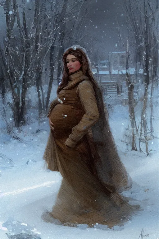 Image similar to portrait of a pregnant woman in the besieged Leningrad in winter, digital painting, trending on artstation, concept art, sharp focus, illustration by Gaston Bussiere and artgerm