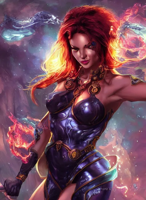 Image similar to front portrait hands behinds pose of attractive Starfire with ginger wavy hair, hands behind her pose!, Intricate overlay flames imagery , D&D!, fantasy style, sharp focus!, ultra detailed, art by Artgerm and Peter Andrew Jones, WLUP