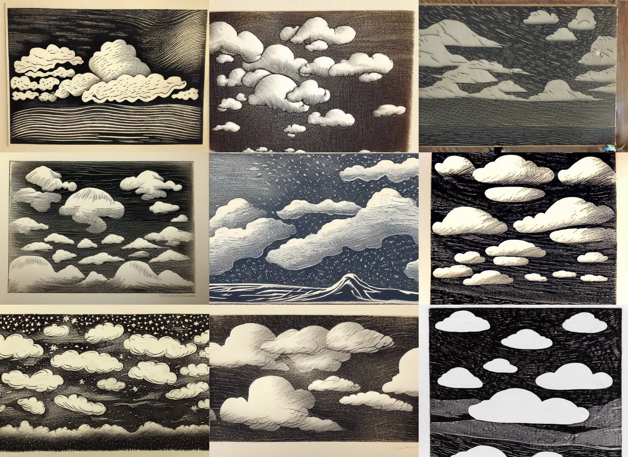 Prompt: a beautiful wood engraving on paper of collection clouds