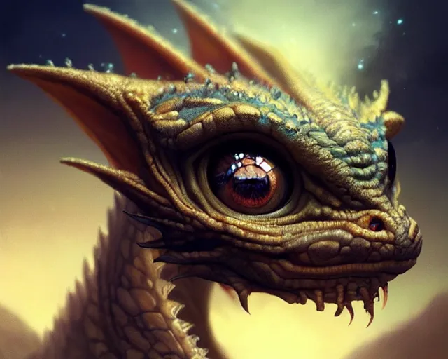 Image similar to digital painting of beautiful cute little baby dragon with huge eyes and long eyelashes gazing into the camera, medium shot, intricate, highly detailed, fractals, rendered in blender, octane, artstation, greg rutkowski, muchas, artgerm