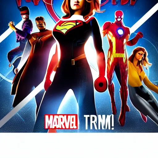 Prompt: a marvel poster with a superhero business woman in the center, ray tracing, high contrast