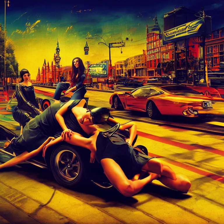 Prompt: street racing packshot by vermeer, highly detailed, saturated colors, fashion