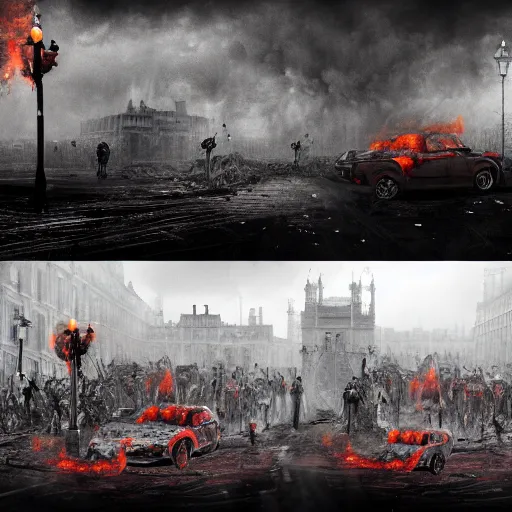 Image similar to a wide shot concept art of a zombie apocalypse in london town outside buckingham palace, 1 0 0's of zombies, smoke, fire, apocalyptic style image, smashed up cars, dead body's on the ground, blood, hyper detailed, illustration, digital art, featured on artstation, award winning image, unreal engine 7 render, 8 k, masterpeice