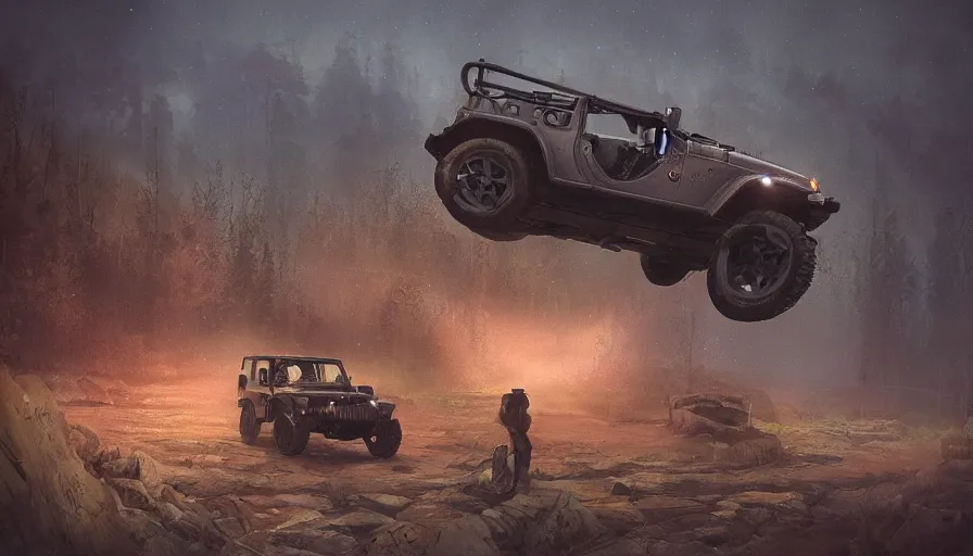 Image similar to single jeep wrangler, tribe members watching nearby, an epic fantasy, dramatic lighting, cinematic, establishing shot, extremely high detail, photorealistic, cinematic lighting, artstation, by simon stalenhag, horizon forbidden west