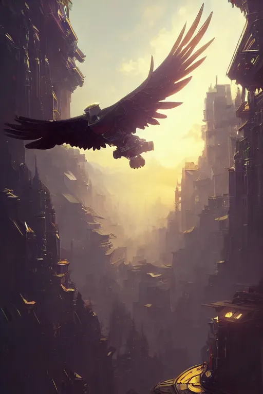 Image similar to robot eagle flying up on the victorian city, extremely detailed digital painting, in the style of fenghua zhong and ruan jia and jeremy lipking and peter mohrbacher, mystical colors, rim light, beautiful lighting, 8 k, stunning scene, raytracing, octane, trending on artstation