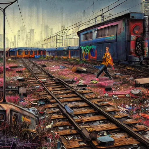 Image similar to a punk painting graffitis on a train wagon full of graffitis in an abandoned train yard at sunset, cyberpunk city, melancholic atmosphere, matte painting, revok, jonone, epic masterpiece, romanticism, cope 2, digital art, ultra detailed, trending on artstation, marc simonetti,