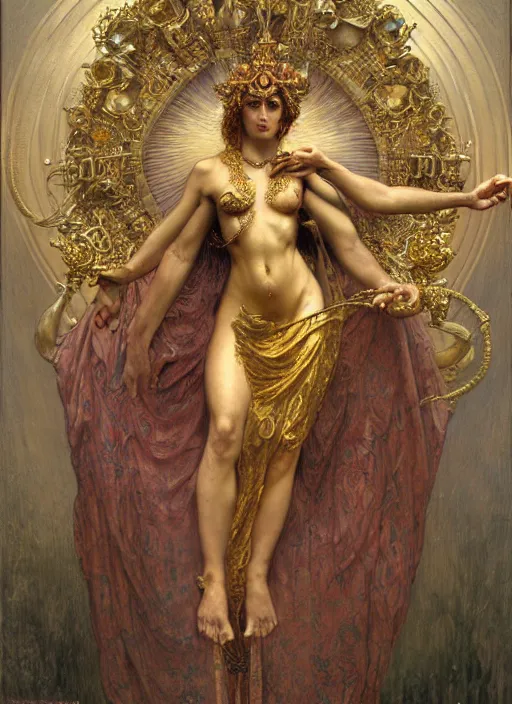 Prompt: hyper realistic painting of slavic deity, gold ornaments, flowing fabric, intrincate detail, detailed faces by wayne barlowe, gustav moreau, goward, gaston bussiere and roberto ferri, santiago caruso, and austin osman spare, ( ( ( ( occult art ) ) ) ) bouguereau, alphonse mucha, saturno butto