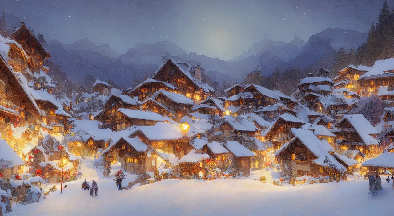 Image similar to A beautiful landscape painting of a small swiss mountain village in the snow at night at Christmas by Alfons Maria Mucha and Julie Dillon and Makoto Shinkai