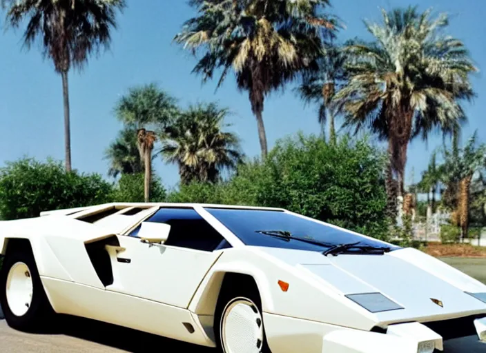 Prompt: a white lamborghini countach. palms and blue sky in the background. 8 0's style