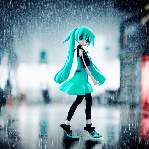 Image similar to photorealistic hatsune miku walking down a rainy street, ef 8 5 mm f 1. usm