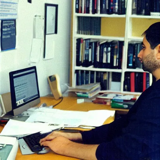Prompt: Photograph of Sedat Kapanoglu coding eksi sozluk in his office in 1999