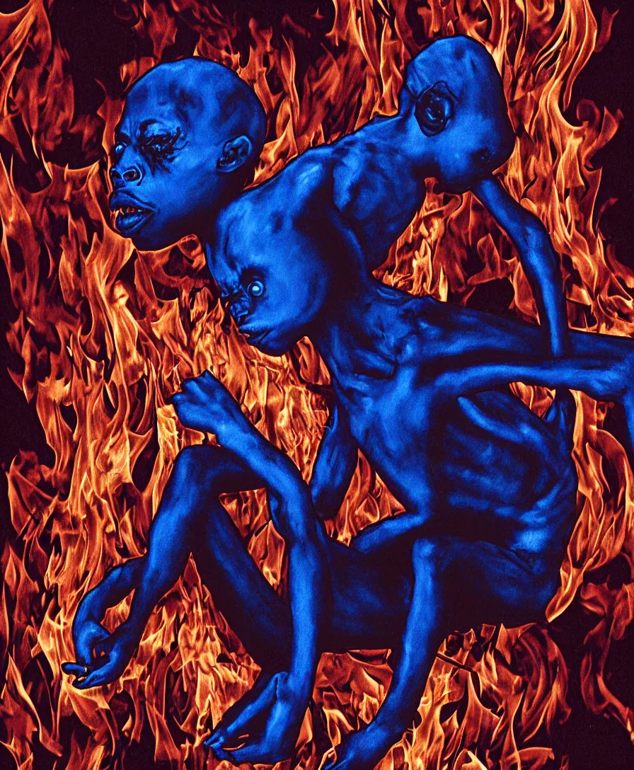 Prompt: a realistic photograph of a black boy left all alone in blue demon flames strangled by his thoughts, sitting in the middle of iridescent fungal, extremely detailed, 8 k