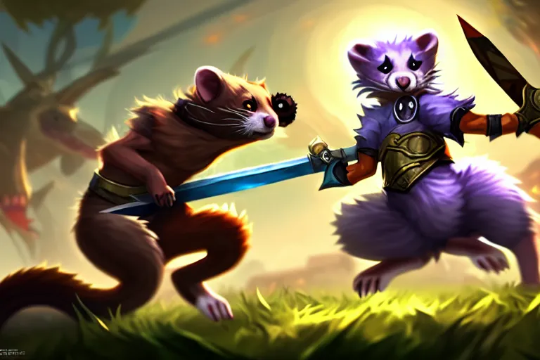 Image similar to a fierce and violent ferret boy furry with a sword and shield leaps into the fray. league of legends splash art