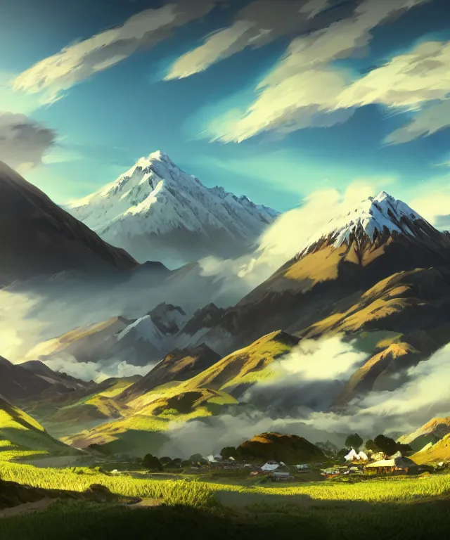 Prompt: digital concept and anime detailed artstation landscape of a single large mountain in idyllic new zealand landscape with a village in the foreground, village at base of the mountain, very tall cumulonimbus clouds in the sky, pathways carved into the mountain, crop farming, blue skies, clear day, fine details, unreal engine, octane render, hyperrealism, very wide shot