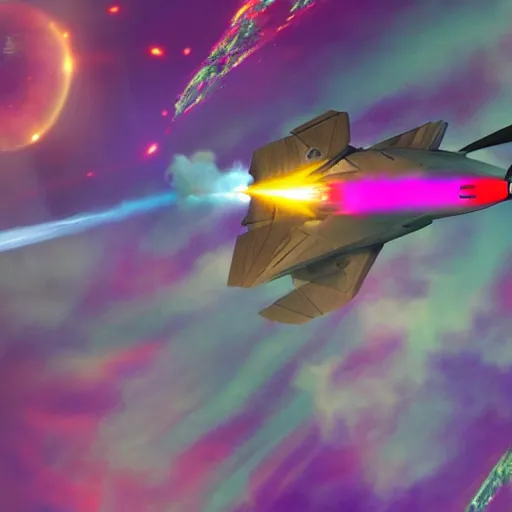 Prompt: photo, a futuristic space fighter modeled after a spitfire plane, flying through colorful clouds of smoke inside an intense space battle