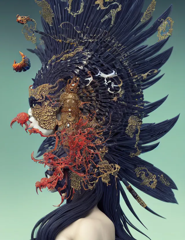 Image similar to 3 d goddess of hell close - up profile portrait with ram skull. beautiful intricately detailed japanese crow kitsune mask and clasical japanese kimono. betta fish, jellyfish phoenix, bio luminescent, plasma, ice, water, wind, creature, artwork by tooth wu and wlop and beeple and greg rutkowski