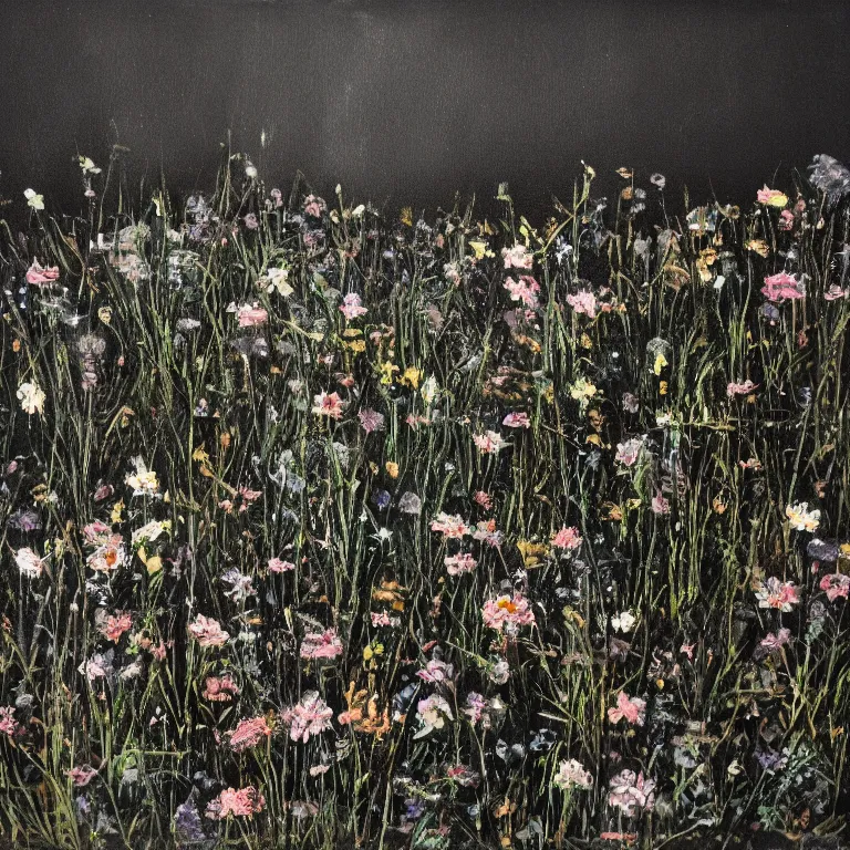 Prompt: dark painting of decaying bones!! in a meadow of flowers