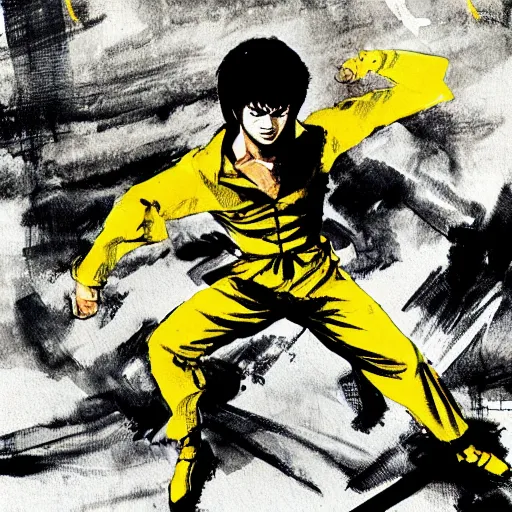 Prompt: a kick by Bruce Lee wearing a yellow jumpsuit by Yoji Shinkawa and Ashley Wood
