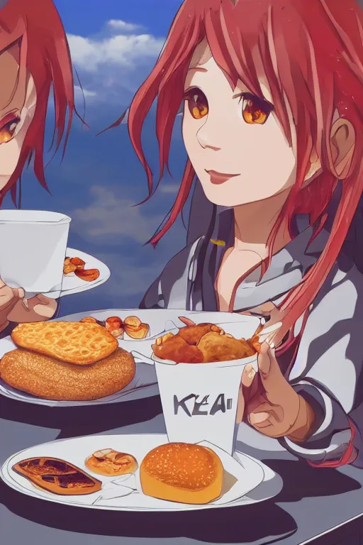 Image similar to a beautiful picture of two people have breakfast in kfc, empty, sky, anime, detailed, 8 k