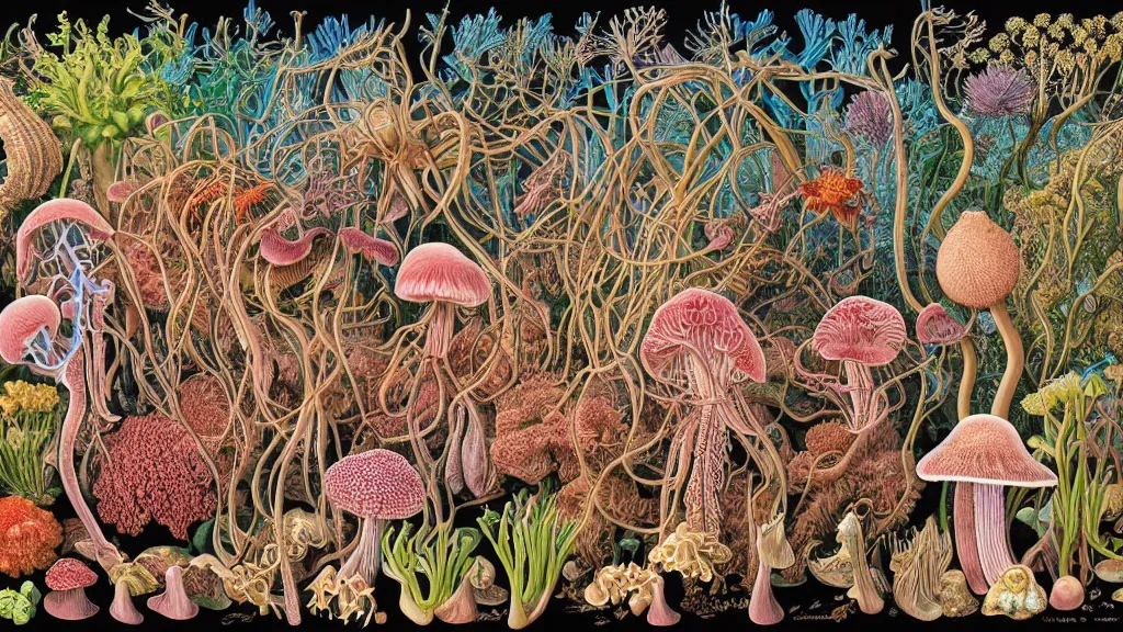 Image similar to highly detailed illustration human anatomy with all the known species of plants, flowers, corals, mushrooms and jellyfish by juan gatti, by moebius!, by oliver vernon