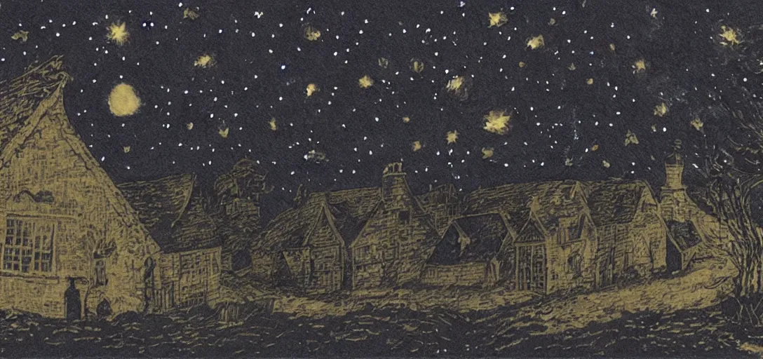 Prompt: watercolour painting a dark beautlful starry night in an english village, constellation by charles vess on black matte very textured worn paper