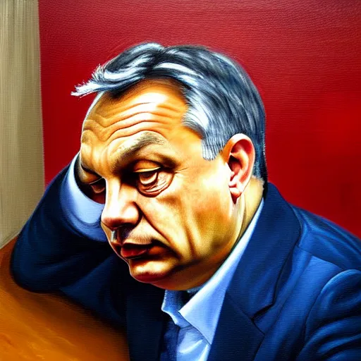 Image similar to viktor orban meditating in a cubicle, oil painting