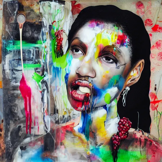 Image similar to “ a portrait in a female art student on a street in nairobi, fear, afraid, bustling, art supplies, anxiety, medical supplies, pills and medicine, ikebana, herbs, a candle dripping white wax, squashed berries, berry juice drips, acrylic and spray paint and oilstick on canvas, surrealism, neoexpressionism ”