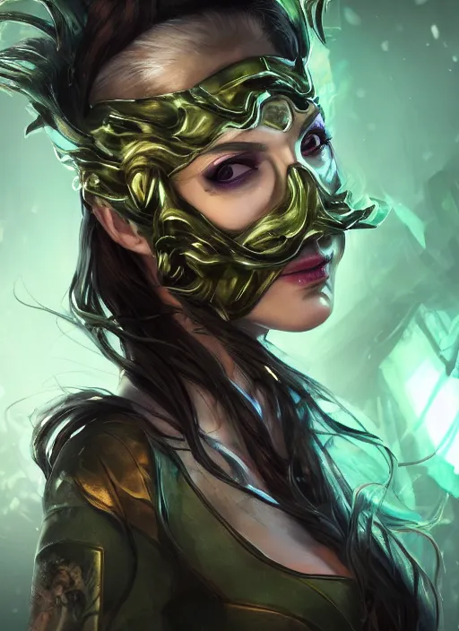 Prompt: renata glasc, from league of legends, chemical baroness wearing a toxic mask, au naturel, bralette, hyper detailed, digital art, trending in artstation, cinematic lighting, studio quality, smooth render, unreal engine 5 rendered, octane rendered, art style by klimt and nixeu and ian sprigger and wlop and krenz cushart