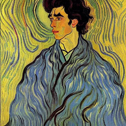 Image similar to painting of handsome beautiful dark medium wavy hair man in his 2 0 s, dressed as an oracle he has a vision for the future!! looking upward to the heavens above!! slight smile, foreseeing the future!! elegant, clear, painting, highly stylized, art by vincent van gogh, egon schiele