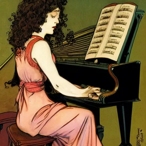 Image similar to girl with curly blonde hair sitting at a piano, art by rebecca guay