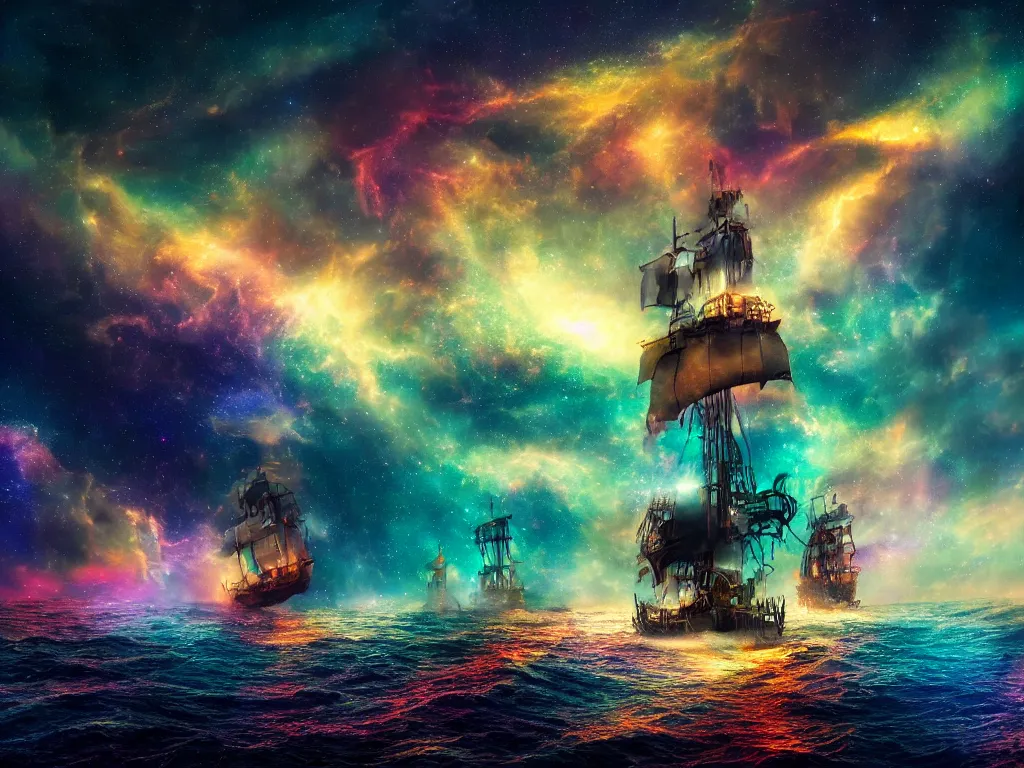 Prompt: photograph of a pirate ship traveling through sea of colorful stars, breathtaking stars, thunderstorm, interstellar, concept art, NASA, 4K, Detailed, HDR