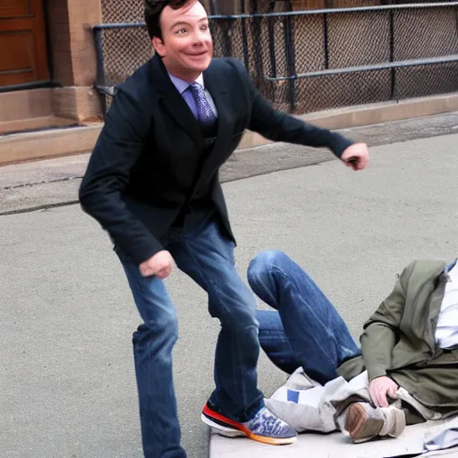 Image similar to paparazzi photo of Jimmy Fallon kicking a homeless person