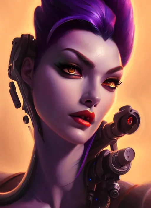 Image similar to beautiful widowmaker from overwatch, fantasy, fantasy art, character portrait, portrait, close up, highly detailed, scifi art, intricate detail, amazing detail, sharp focus, vintage fantasy art, vintage sci - fi art, radiant light, trending on artstation, caustics, by boris vallejo