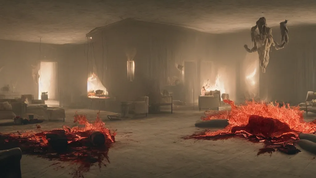 Image similar to a giant hand made of blood and fire floats through the living room, film still from the movie directed by Denis Villeneuve with art direction by Salvador Dalí, wide lens