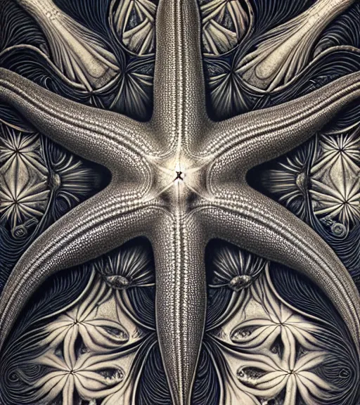 Image similar to detailed realistic beautiful starfish goddess face portrait by jean delville, gustave dore, iris van herpen and marco mazzoni, art forms of nature by ernst haeckel, art nouveau, symbolist, visionary, gothic, neo - gothic, pre - raphaelite, fractal lace, intricate alien botanicals, ai biodiversity, surreality, hyperdetailed ultrasharp octane render