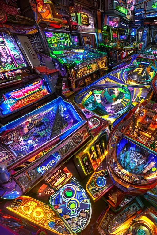 Prompt: a 3 d pinball game, theme is cyberpunk city market, tripmachines, realistic digital art, 3 d render of two huge futuristic steampunk generators inside a cyberpunk machine, 8 k, fluorescent colors, halluzinogenic, multicolored, exaggerated detailed, unreal engine